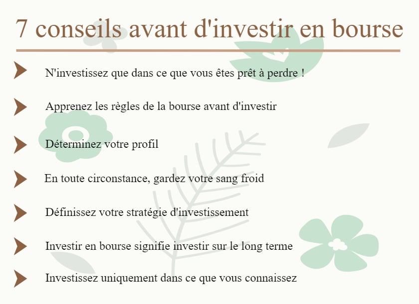 infographie résumant les conseils pour investir en bourse